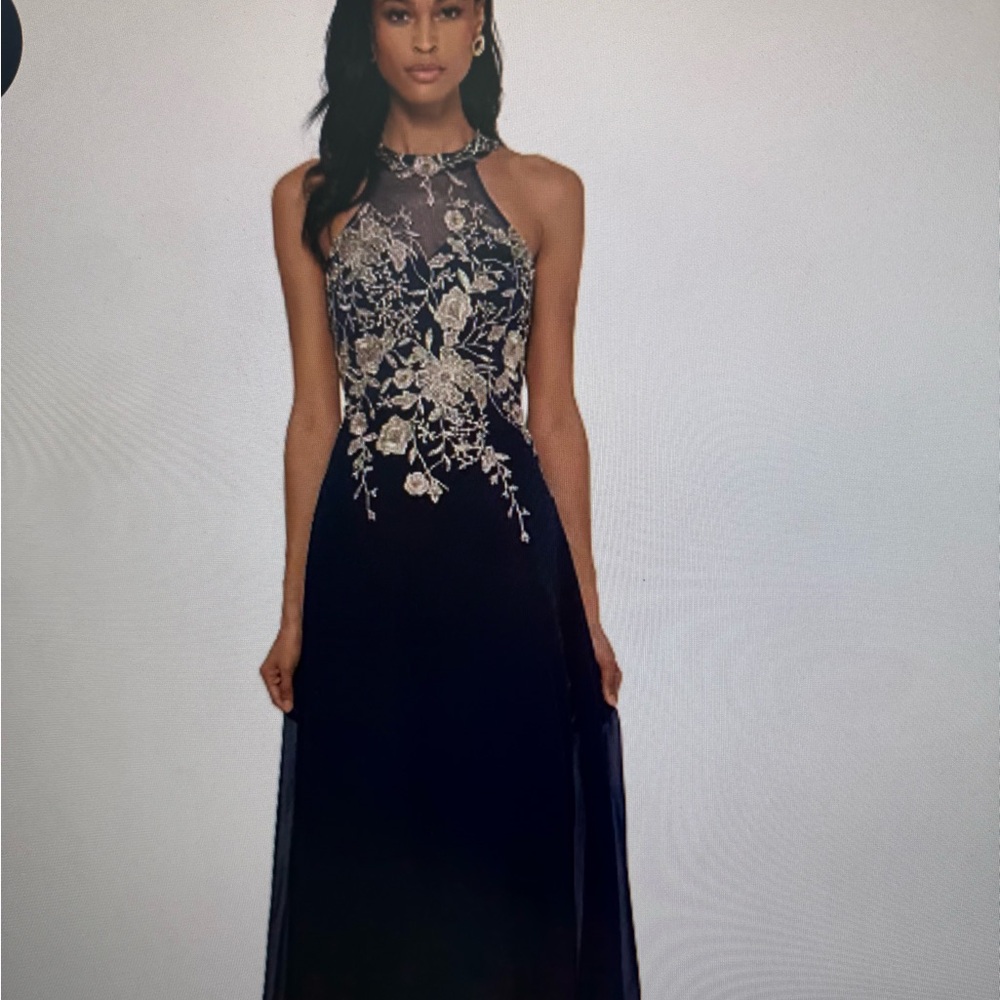 Elegant Navy and Gold Embroidered Dress